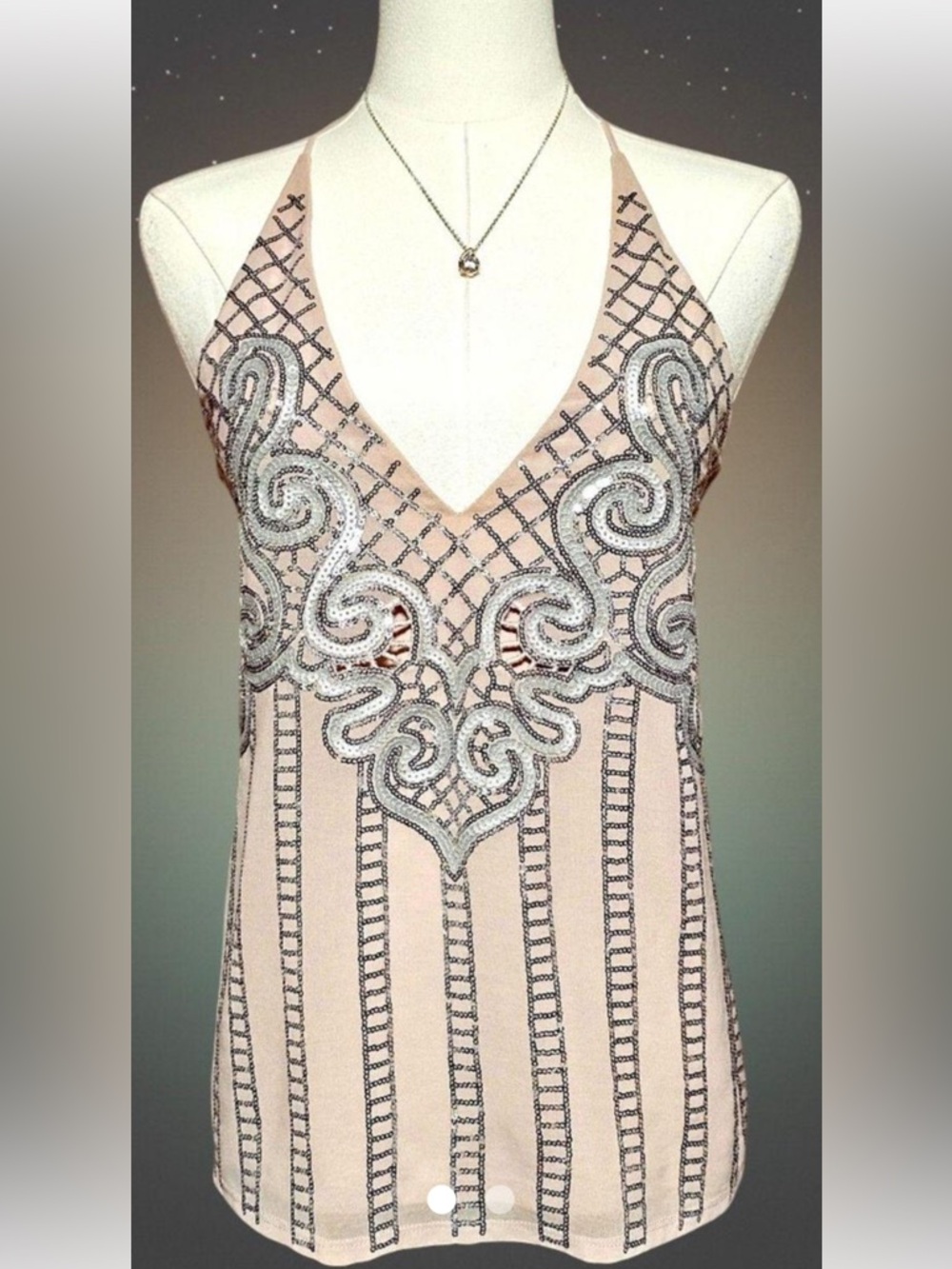 Express Sequin Embellished Pink V-Neck Open Back Halter Top